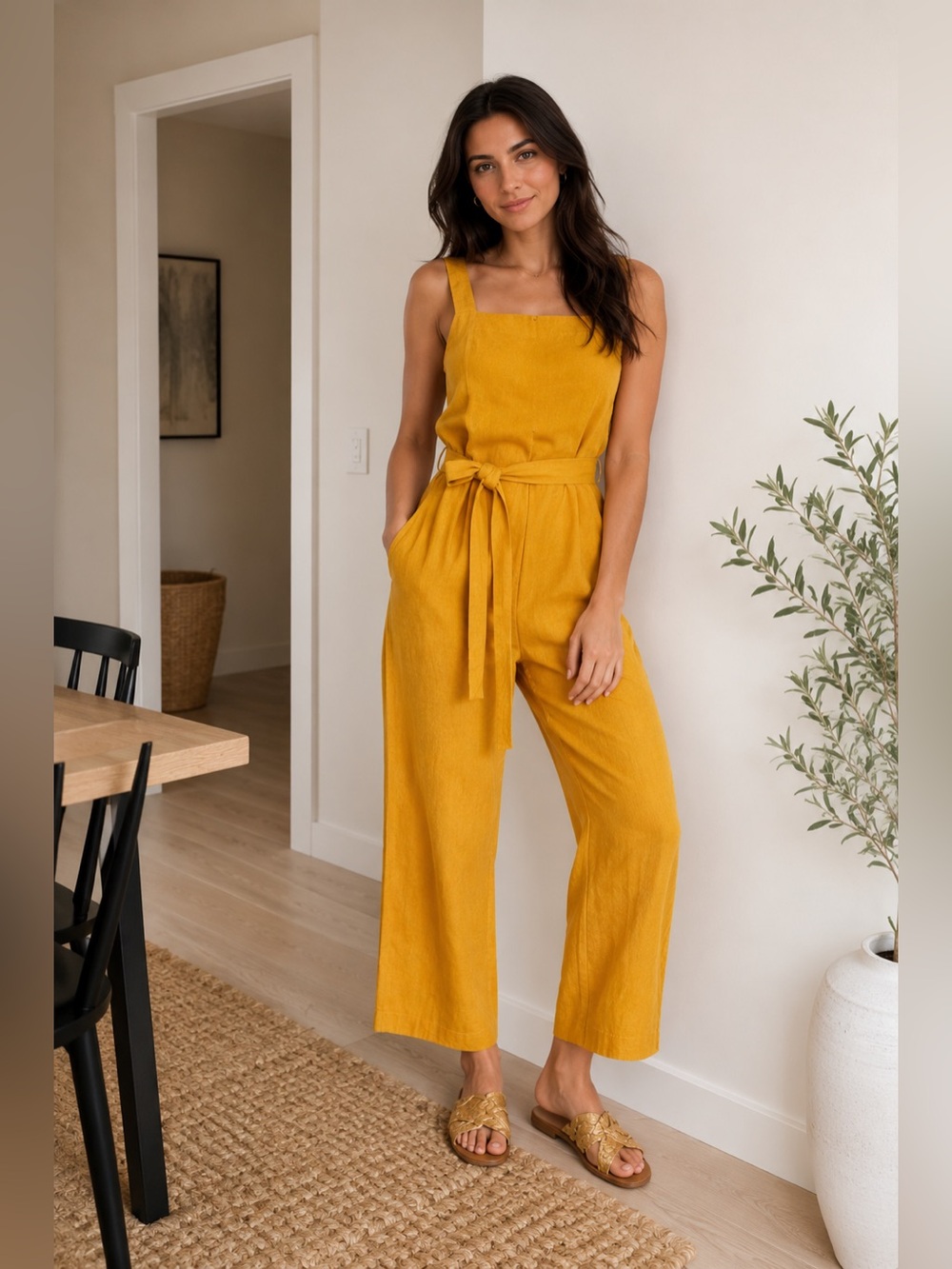 Everlane The Linen Square-Neck Jumpsuit in Marigold Yellow
